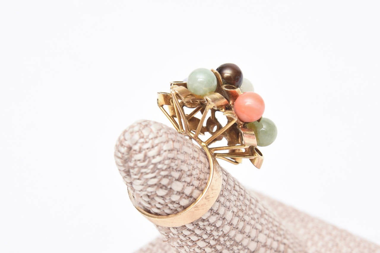 Modern 14K Gold, Jade, Amethyst, Coral, Black and White Onyx Cluster Dome Ring Vintage For Sale