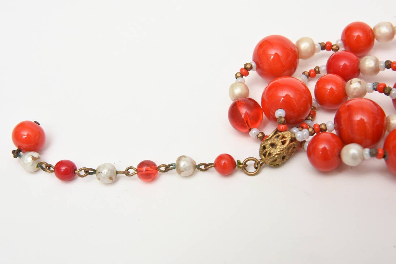 Modern Miriam Haskell 5 Strand Faux Pearl & Orange Red Glass Necklace Vintage