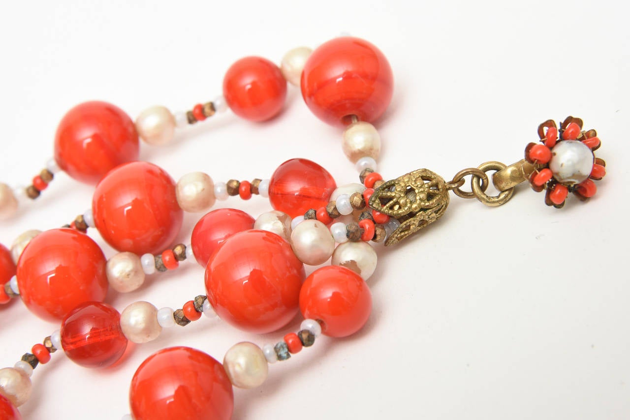 Ball Cut Miriam Haskell 5 Strand Faux Pearl & Orange Red Glass Necklace Vintage