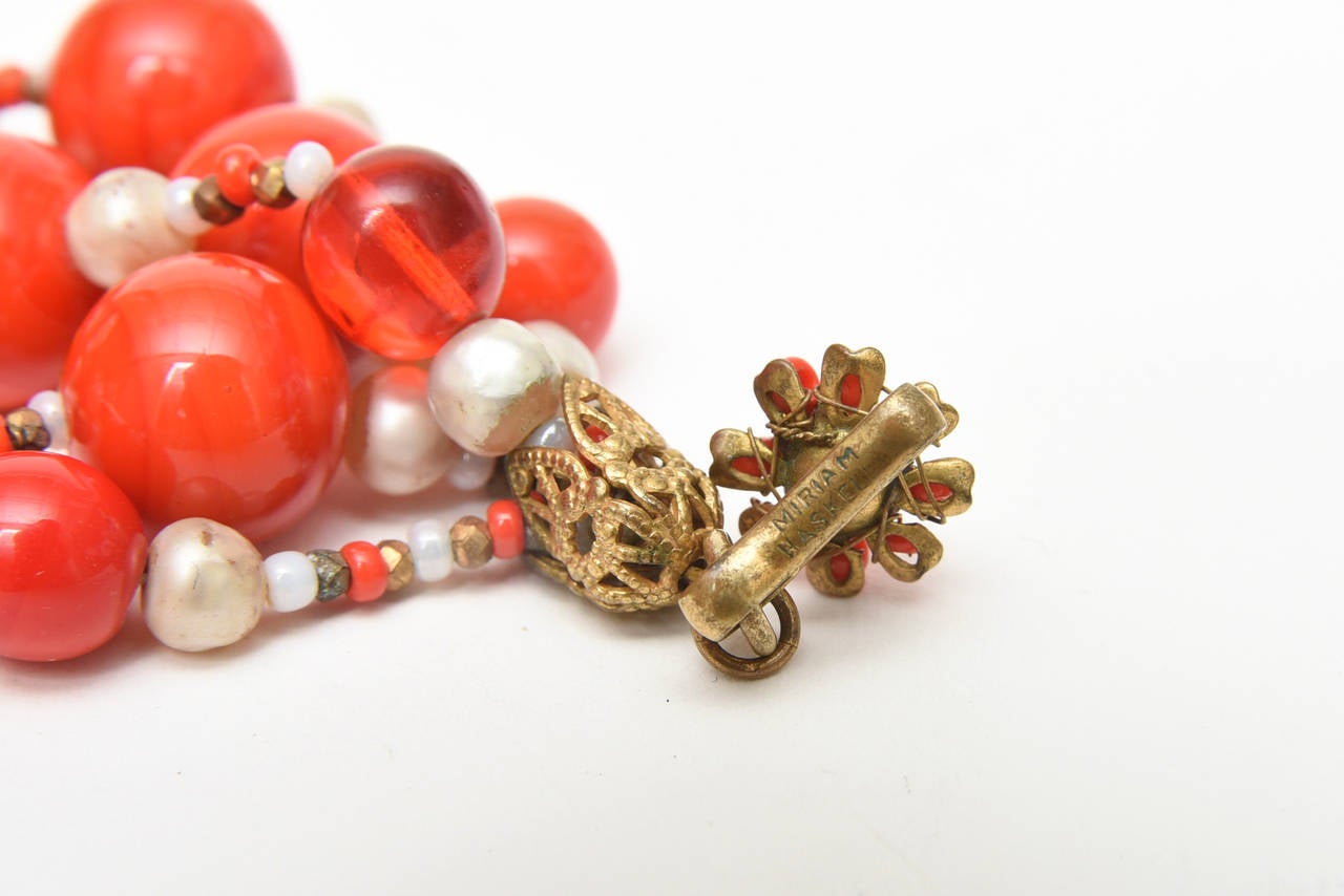 Miriam Haskell 5 Strand Faux Pearl & Orange Red Glass Necklace Vintage In Good Condition In North Miami, FL