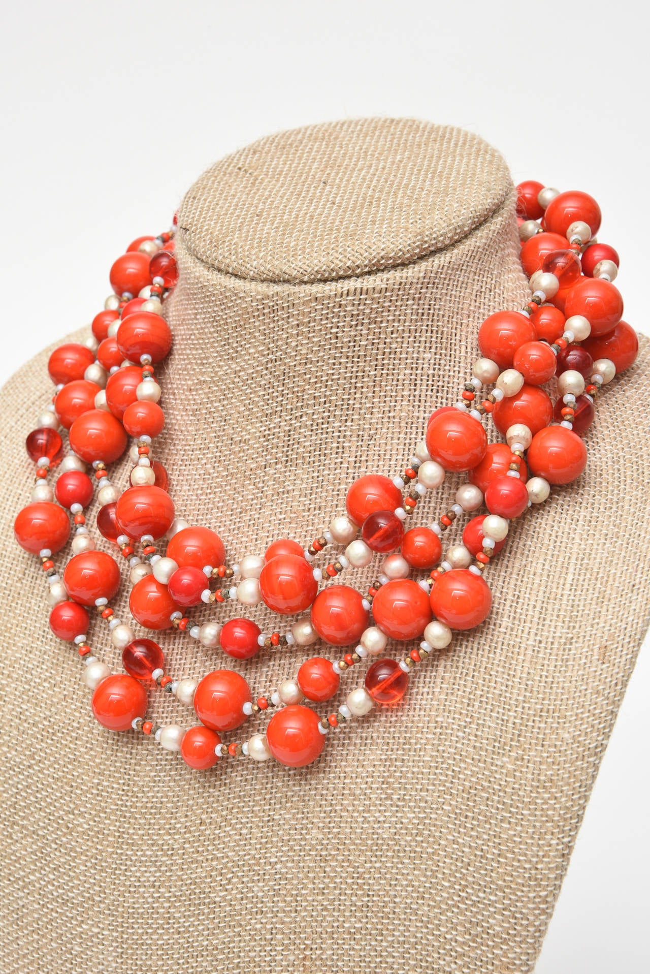 Signed Miriam Haskell 5 Strand Faux Pearl and Orange/Red Glass Bead