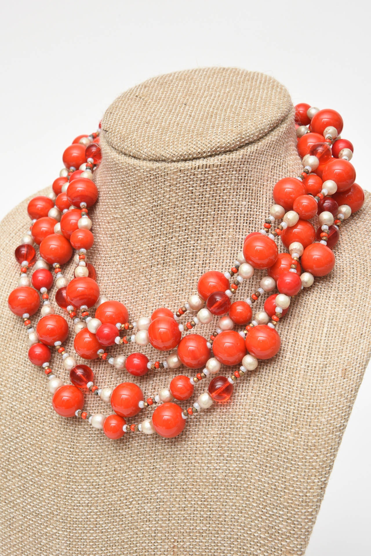 Women's Miriam Haskell 5 Strand Faux Pearl & Orange Red Glass Necklace Vintage