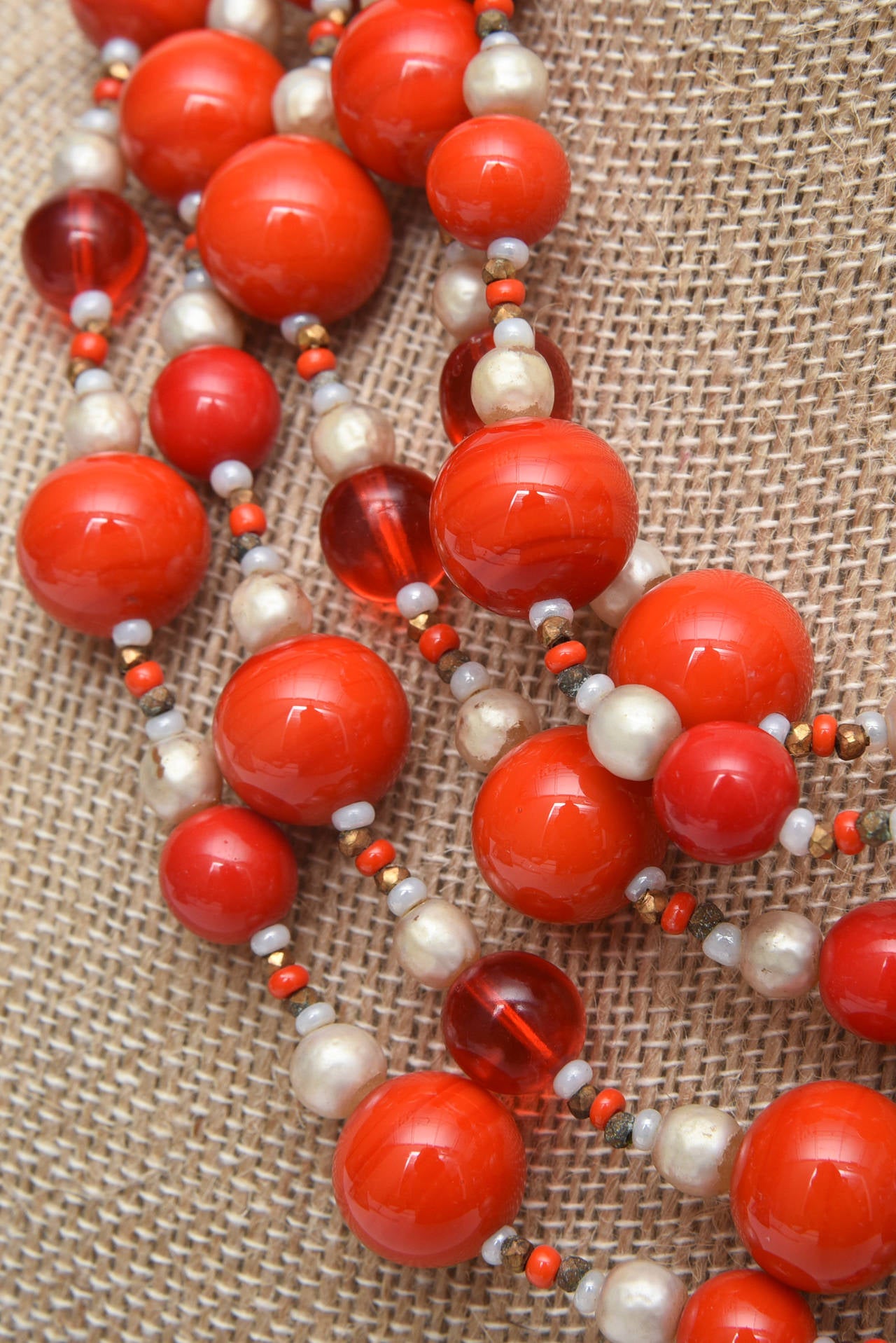 Miriam Haskell 5 Strand Faux Pearl & Orange Red Glass Necklace Vintage 1