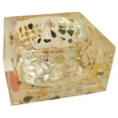 Encased Abalone/Stone Chunky Square Lucite Bowl