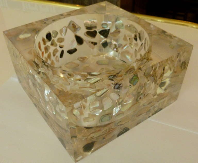 Encased Abalone/Stone Chunky Square Lucite Bowl
