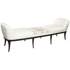 Ebonized Wood Italian Marble and Upholstered Bench, Settee, Chaise or Recamier