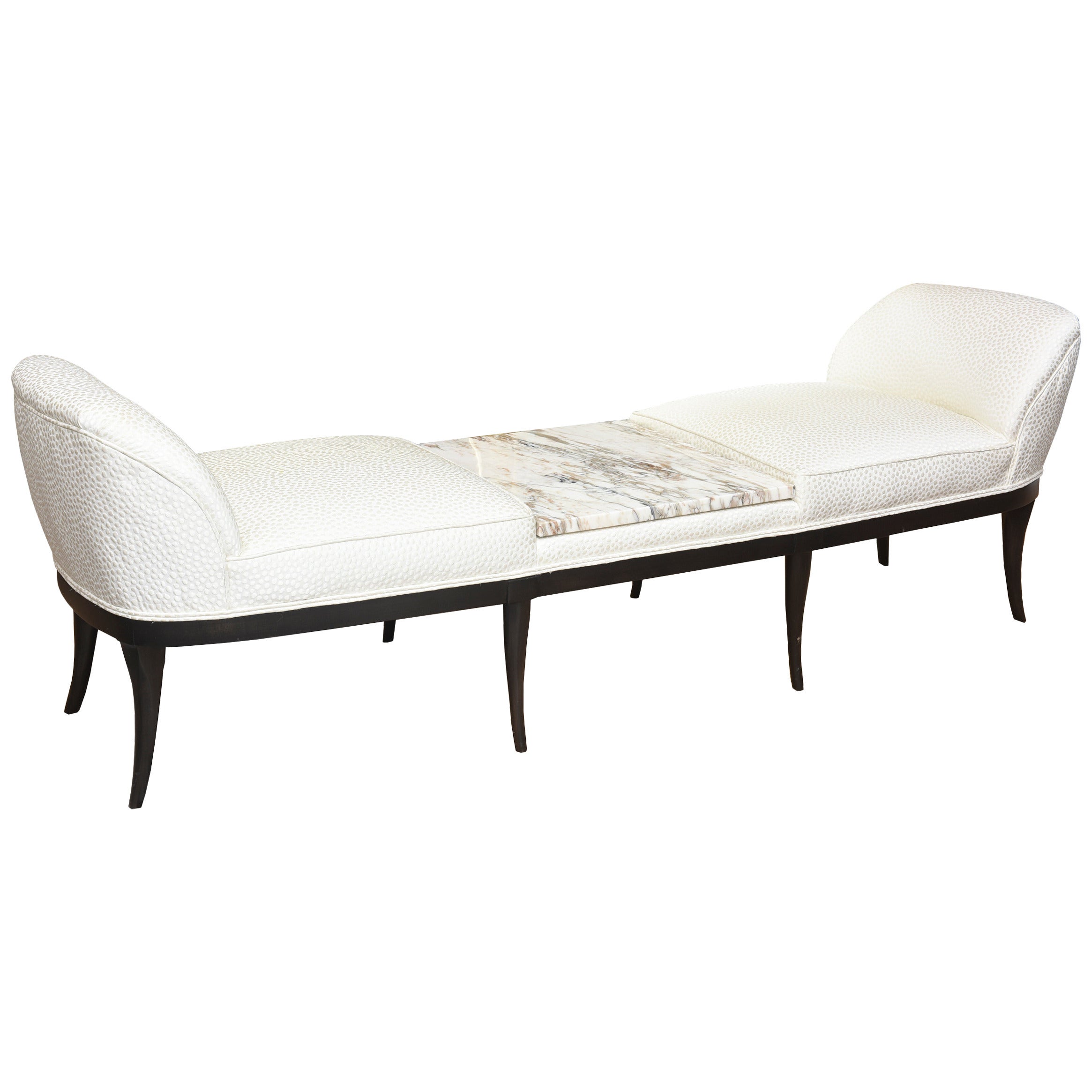 Ebonized Wood Italian Marble and Upholstered Bench, Settee, Chaise or Recamier