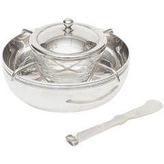 Retro Christofle Silver Plate Caviar Bowl with Mother of Pearl Serving Spoon