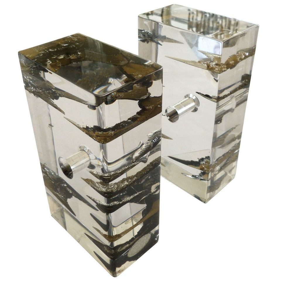 Lucite and Astrolite Pair of  Sculptural Bookends