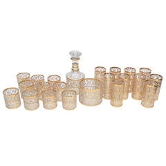 Retro Set of 22 Pieces of Shoji Screen Gold Plated Overlay over Clear Glass Barware