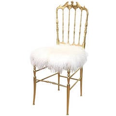 Italian Polished Brass Chiavari Side Chair with Mongolian Lamb