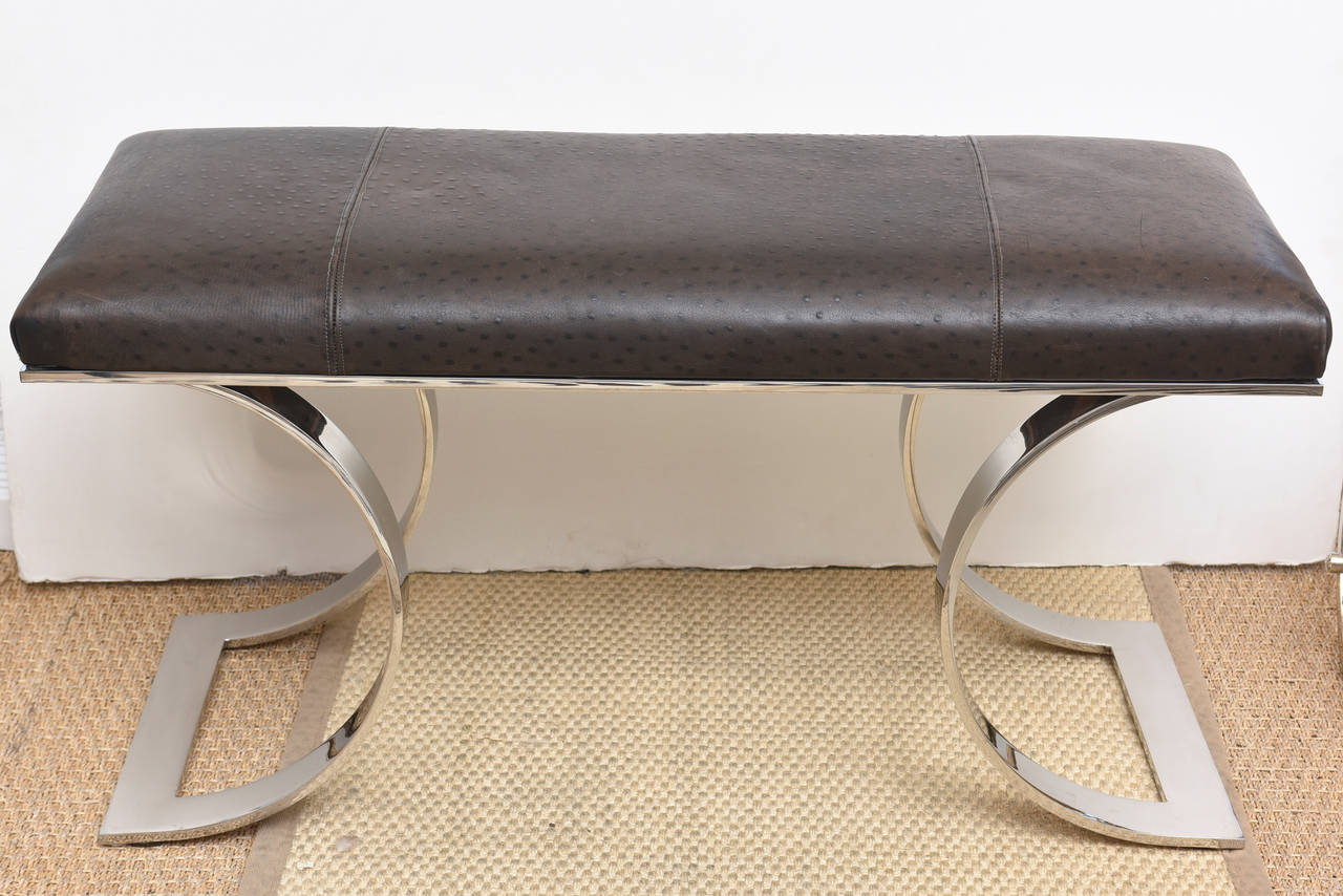 This wonderful and timeless Jean Michel Frank inspired bench by Karl Springer is a classic! The construction  of the bench and materials are top notch. 
The beautiful fluid lines of each side  That form a 