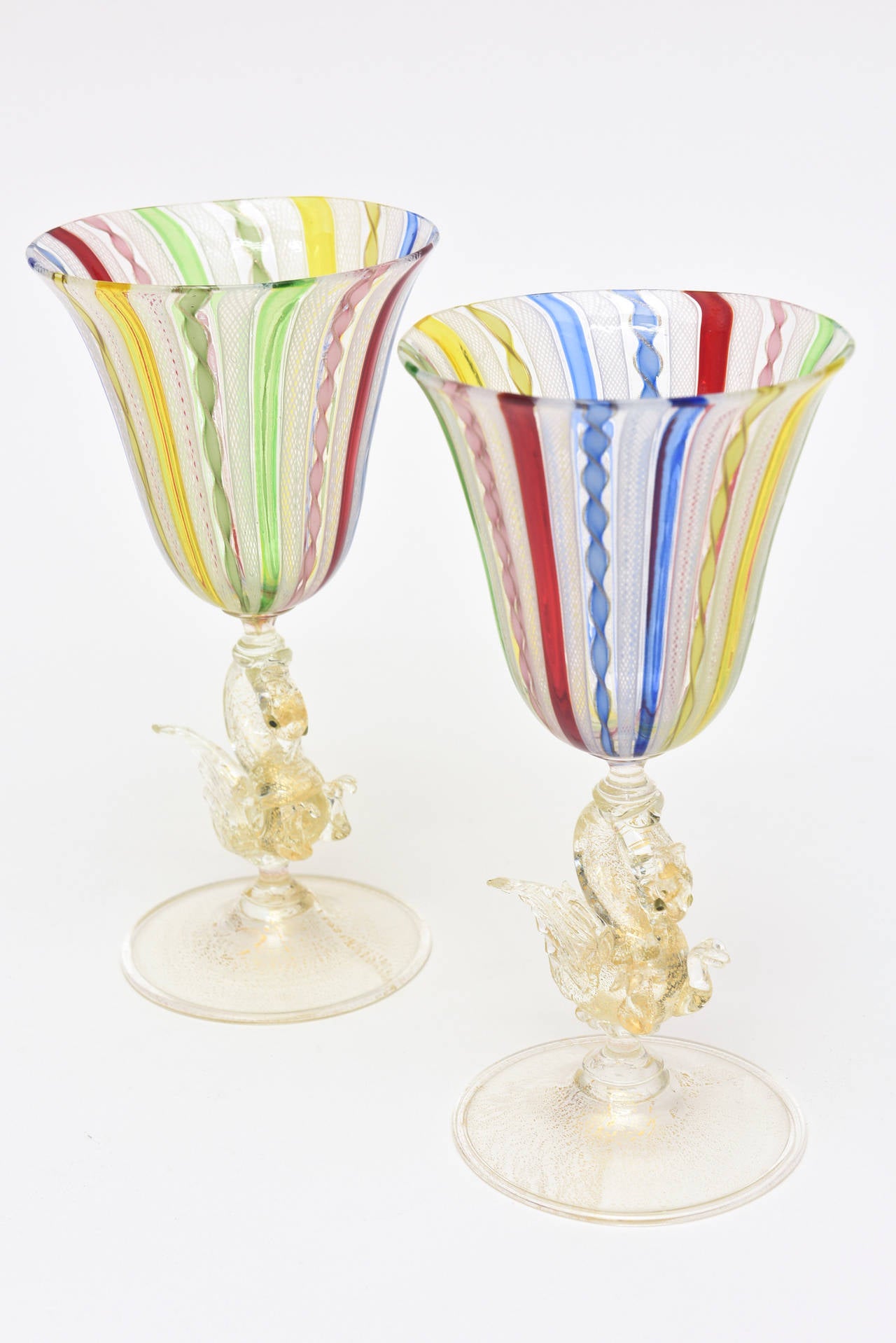 Italian Pair of Early Venetian Glass Multicolored Latticino and Gold Aventurine Goblets