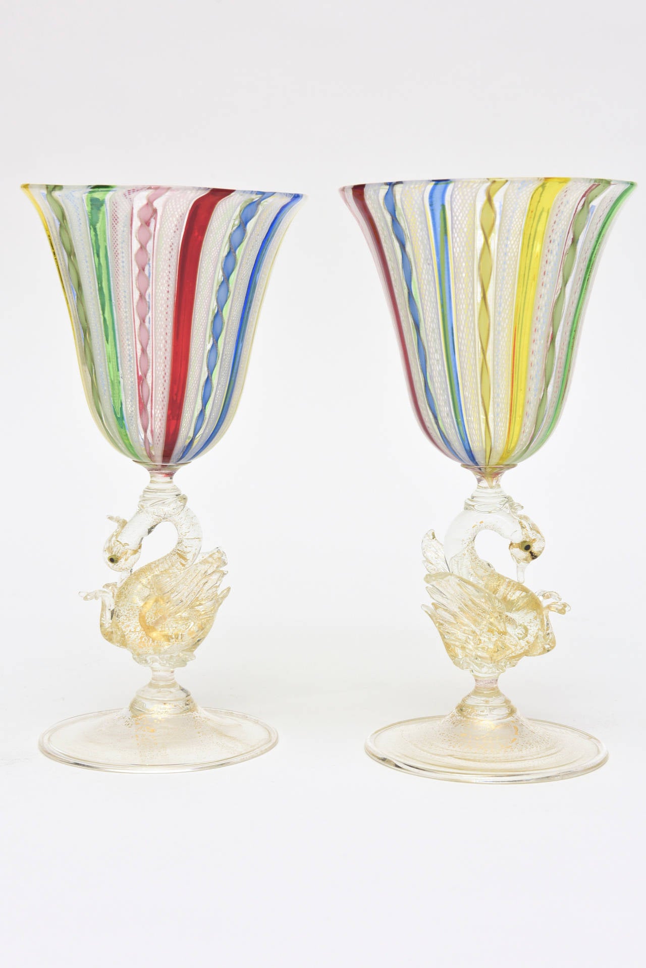 Pair of Early Venetian Glass Multicolored Latticino and Gold Aventurine Goblets 1