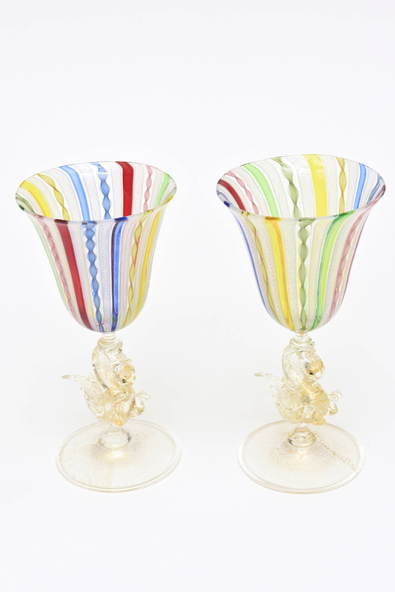 Pair of Early Venetian Glass Multicolored Latticino and Gold Aventurine Goblets 4