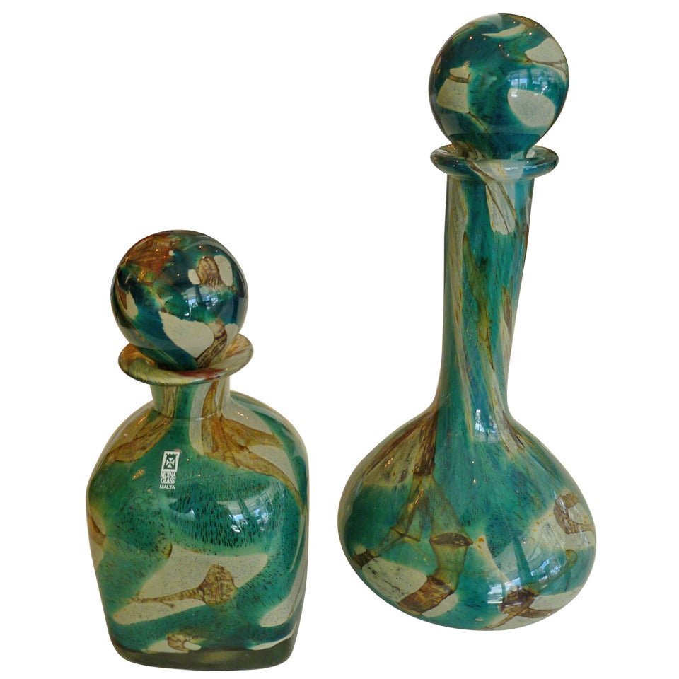 Pair of Beautiful Mdina Hand Blown Glass Decanters