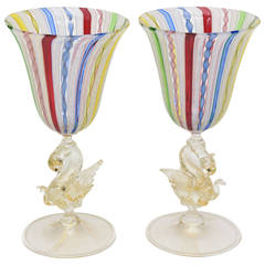 Vintage Pair of Early Venetian Glass Multicolored Latticino and Gold Aventurine Goblets