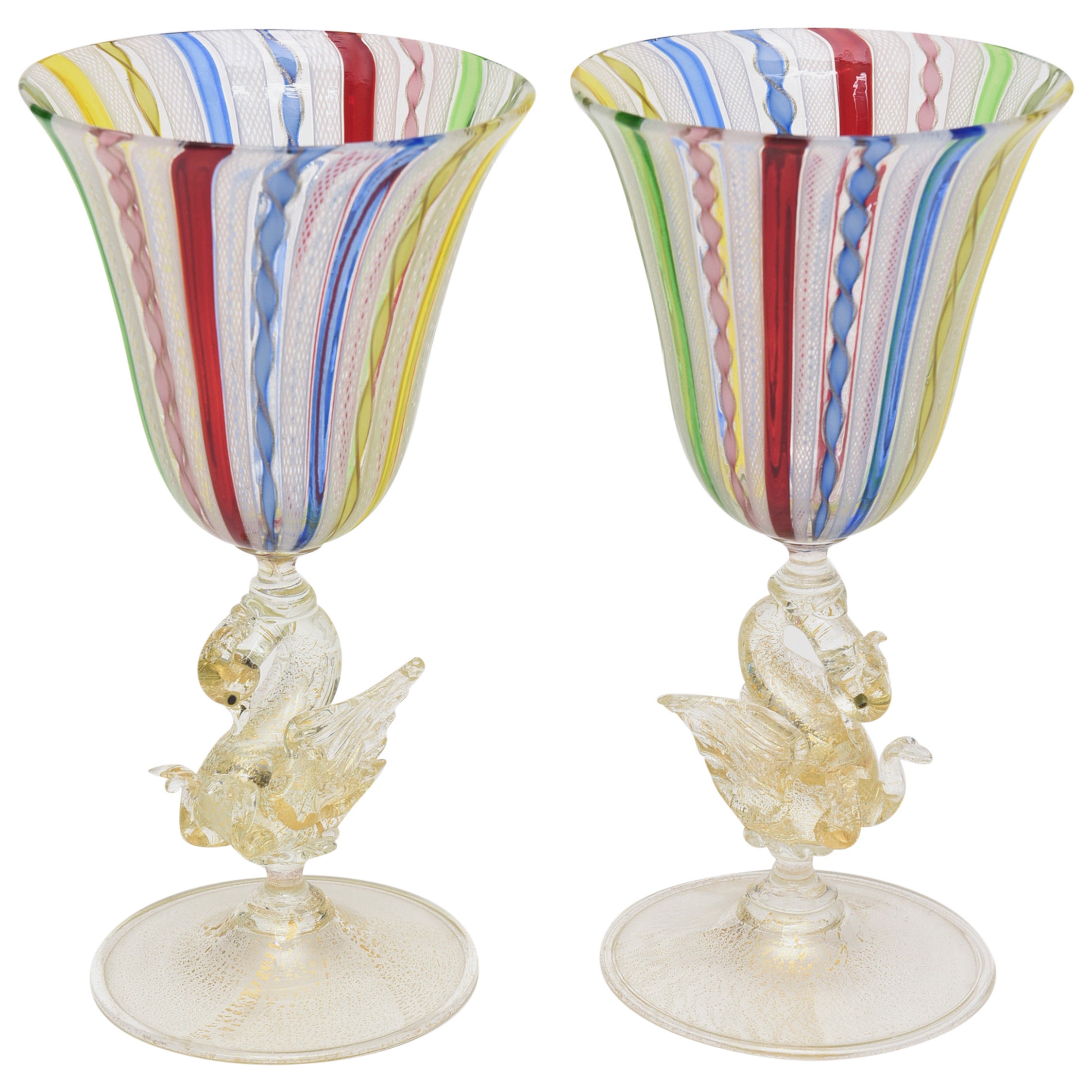 Pair of Early Venetian Glass Multicolored Latticino and Gold Aventurine Goblets