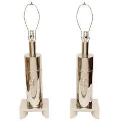 Pair of James Mont Style Modernist Nickel Silver Lamps 4