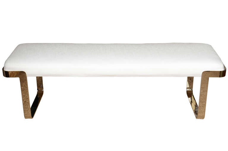 Simple,yet modern sleek long Milo Baughman bench! This is always timeless!!! and forever....
The upholstery is new with white cotton weave linen.

PLEASE CONTACT VERMILLION DIRECTLY FOR BEST TRADE
NET PRICING AT 305-893-7800.