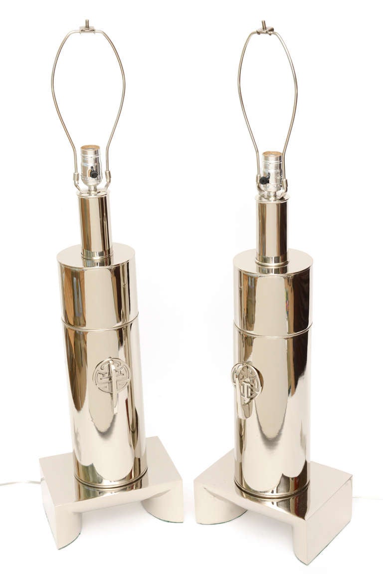 Mid-Century Modern James Mont Style Modernist Vintage Restored Nickel Silver Lamps Pair of For Sale