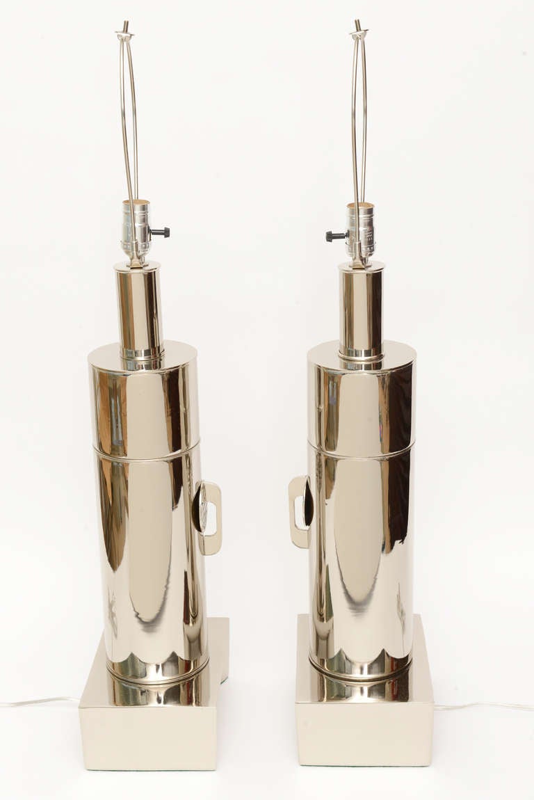 James Mont Style Modernist Vintage Restored Nickel Silver Lamps Pair of In Good Condition For Sale In North Miami, FL