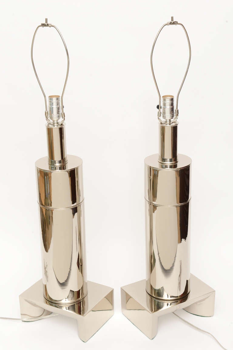 American James Mont Style Modernist Vintage Restored Nickel Silver Lamps Pair of For Sale