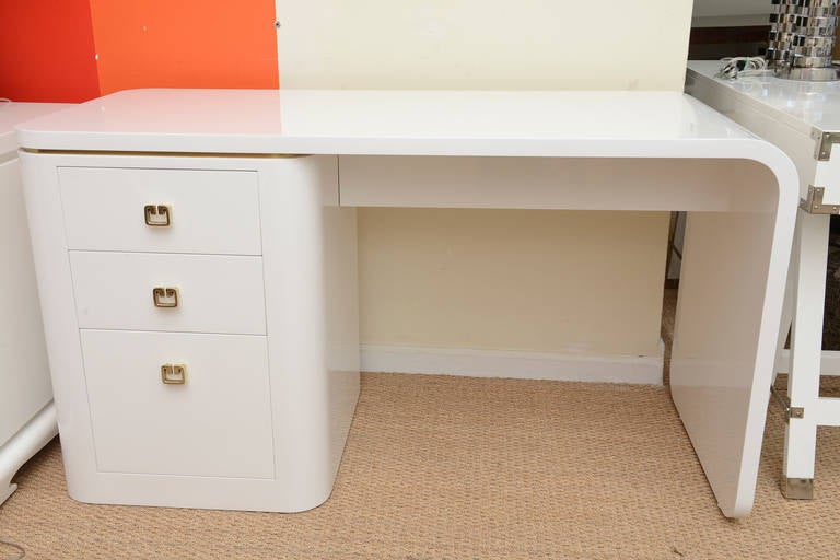 Modern White Lacquered and Brass Hardware Waterfall Desk or Vanity