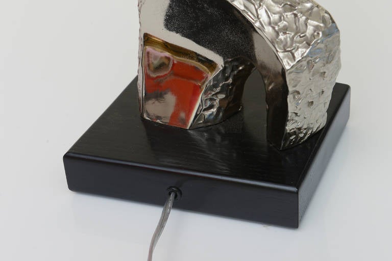 Brutalist and Sculptural Chrome and Wood Lamp 2