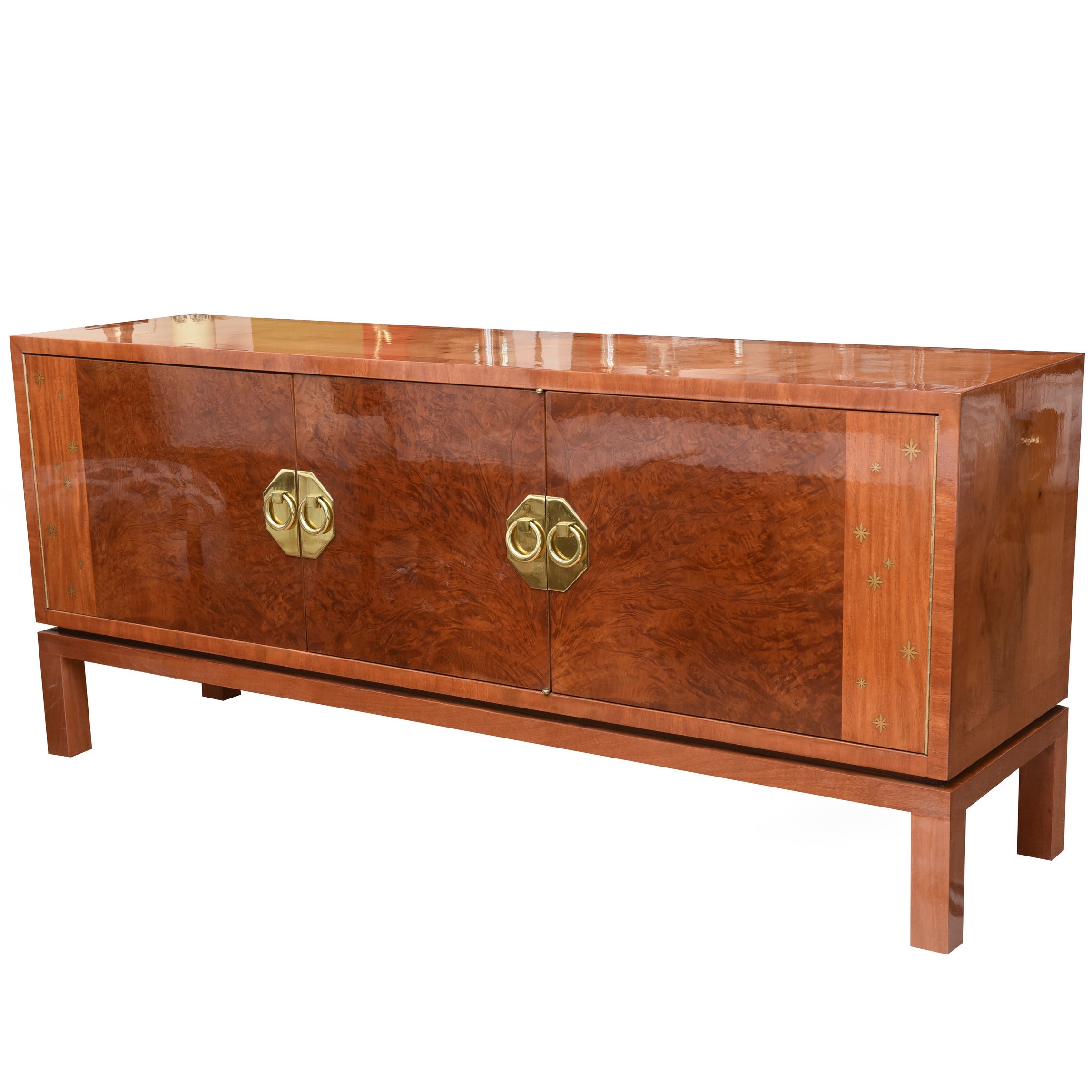 Rare Romweber Burled Wood and Brass Buffet or Credenza