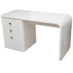 Vintage White Lacquered and Brass Hardware Waterfall Desk or Vanity