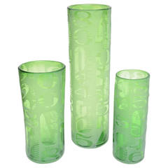 Trio of Three Graduated Frosted and Etched Numbered Glass Vases 8