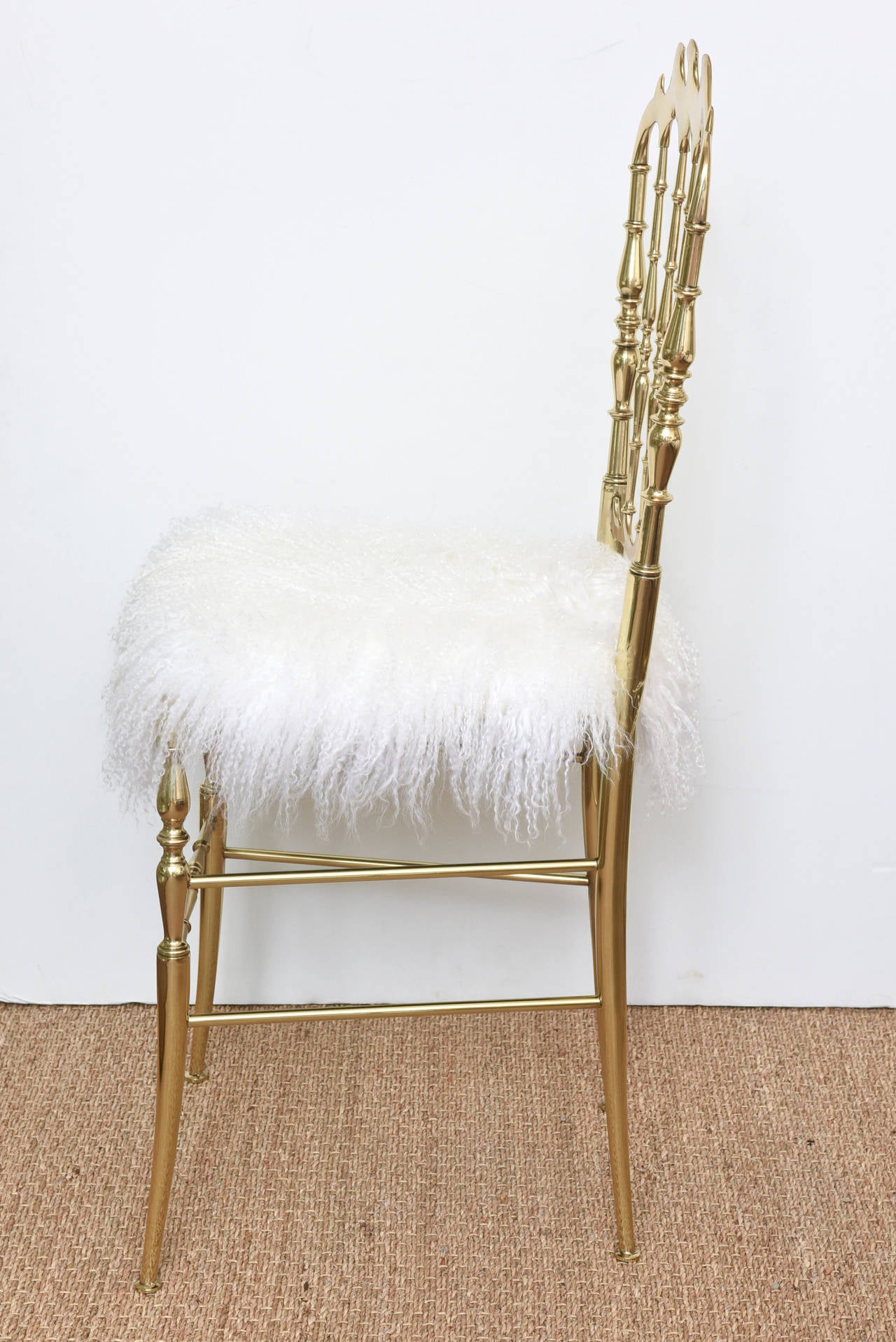 Mid-20th Century Italian Polished Brass and Mongolian Lamb Chiavari Side / Boudoir Chair