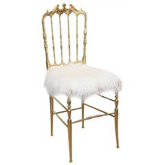 Vintage Italian Polished Brass and Mongolian Lamb Chiavari Side / Boudoir Chair