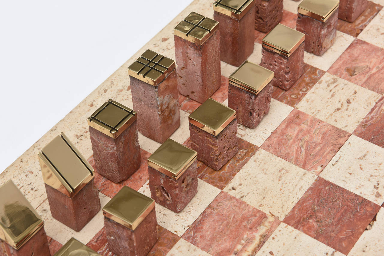 Mid-Century Modern Travertine and Brass Modernist Chess Set Vintage Italian