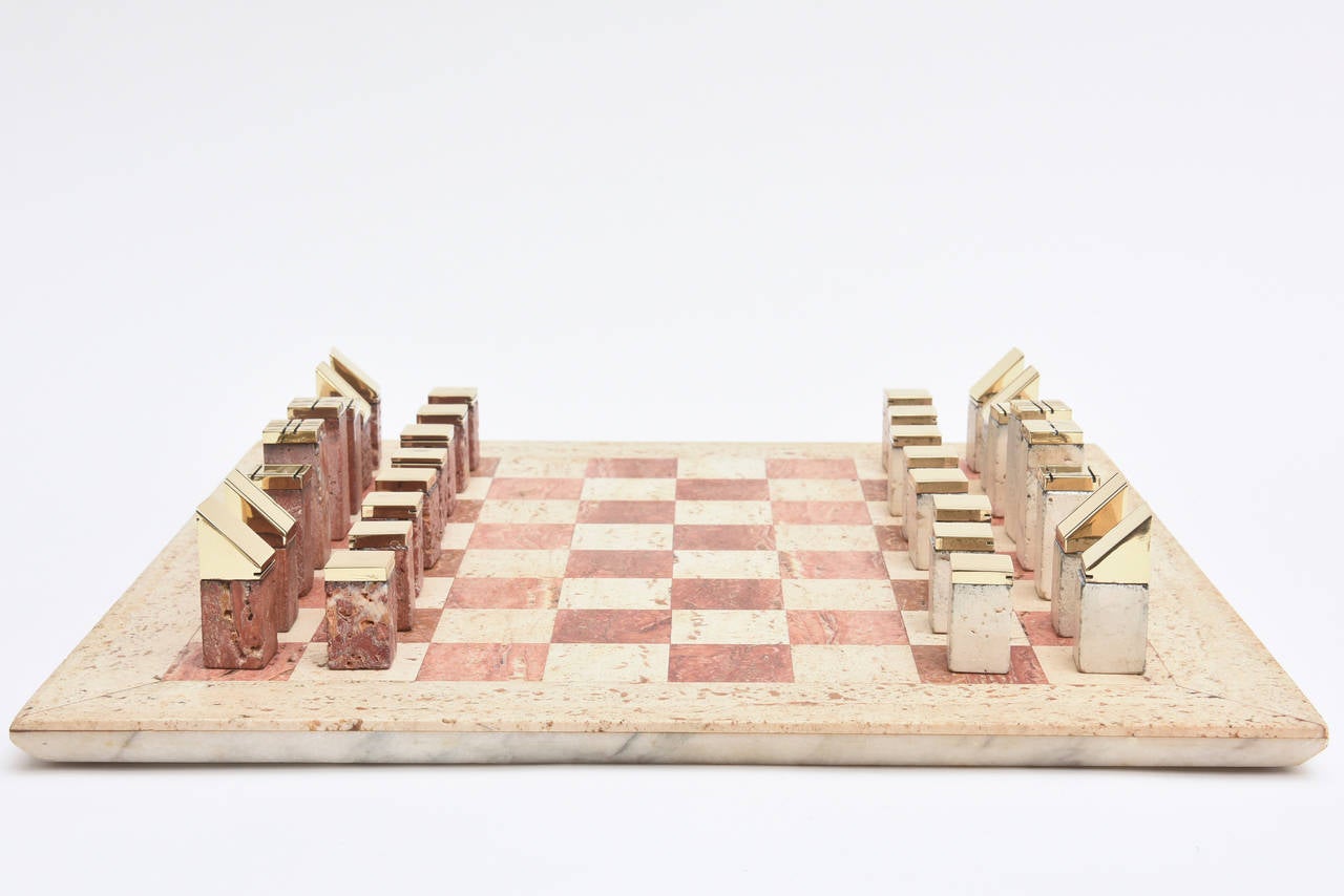 Mid-20th Century Travertine and Brass Modernist Chess Set Vintage Italian