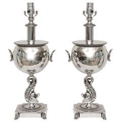 Pair of French Nickel Silver SeaHorse Lamps