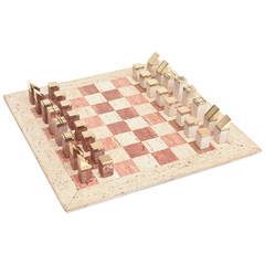 Italian Vintage Travertine and Brass Modernist Chess Set 12