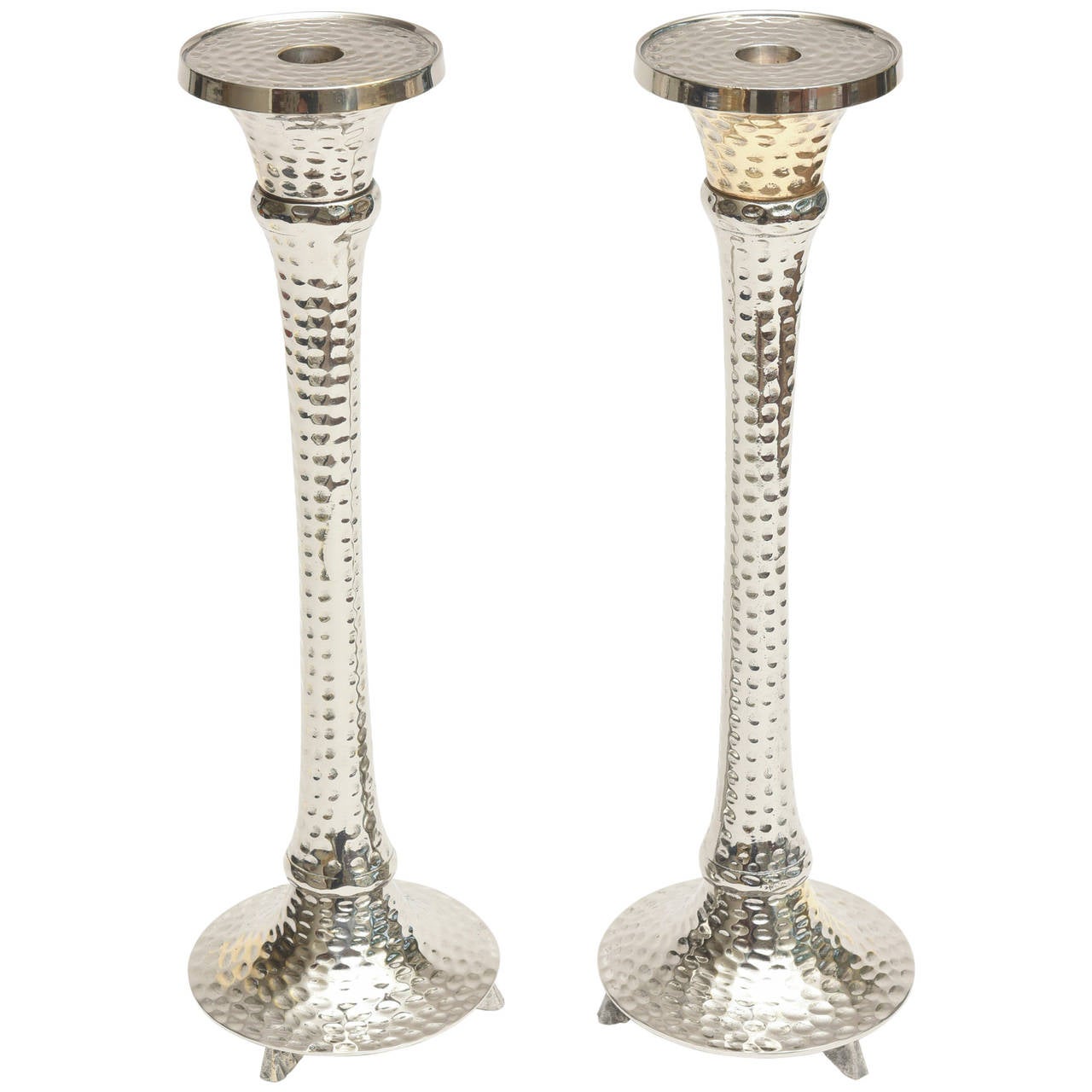 Pair of Hand Hammered Nickel Silver Over Brass Tall Candlesticks at 1stDibs