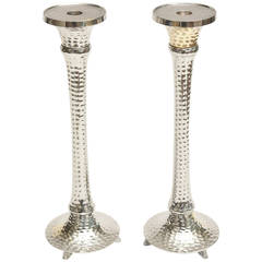 Vintage Pair of Hand Hammered Nickel Silver Over Brass Tall Candlesticks