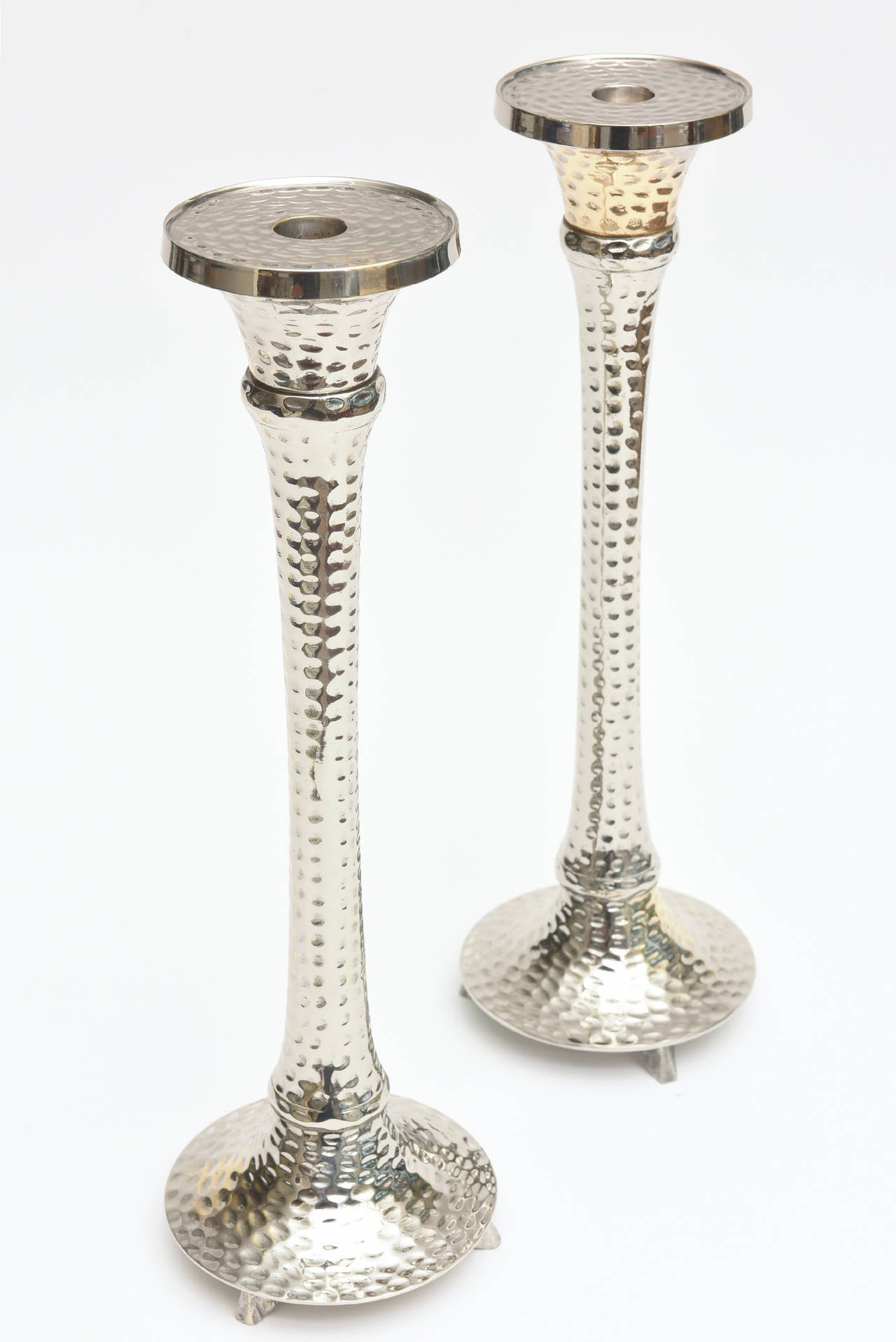 Pair of Hand Hammered Nickel Silver Over Brass Tall Candlesticks at 1stDibs