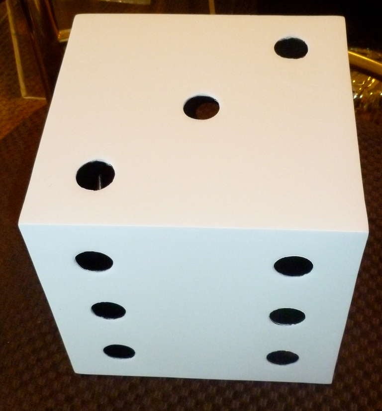 This vintage Belgium Mid-Century Modern painted metal monumental heavy dice sculpture is tres chic! All the different sides with different holes make up this dice object or sculpture. It is white on the outside and black on the inside. It is from