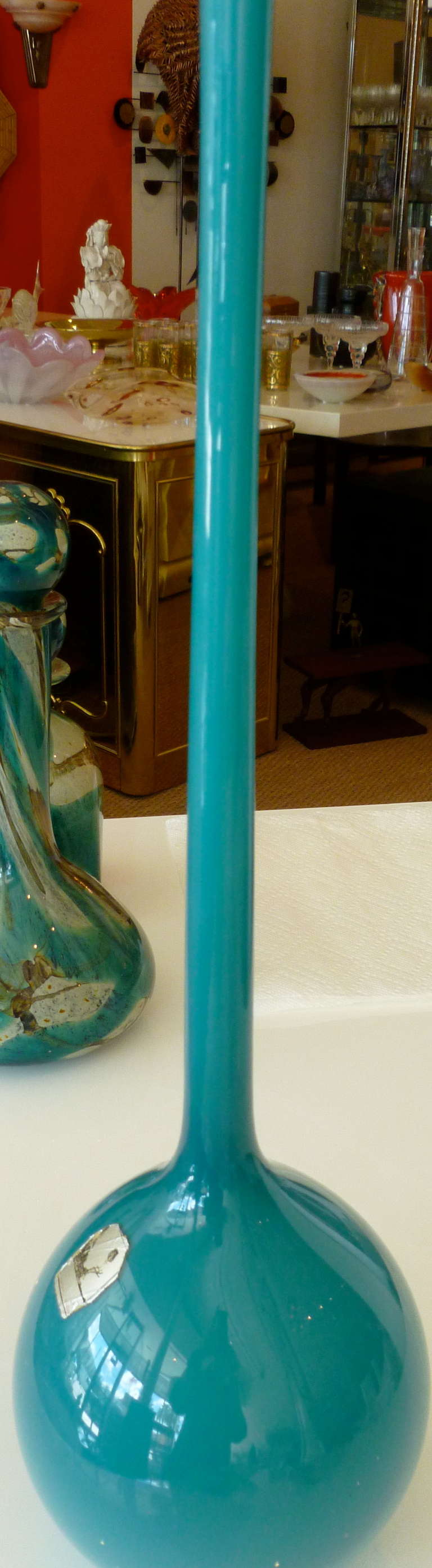 Elongated Italian Murano Carlo Moretti Turquoise Glass Bottle