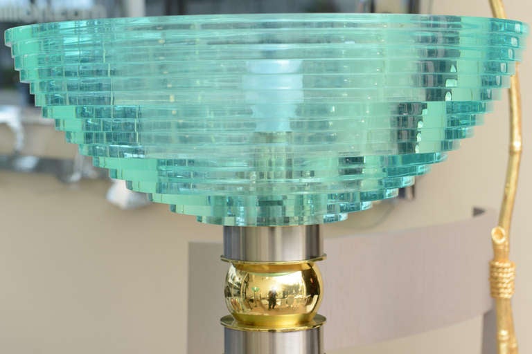 These deco inspired meets Hollywood Regency meets industrial make up these dramatic custom mini / maxi torcheres that would add theater to any setting. The color of these luscious sea green /turquoise stepped Lucite look like glass. They are very