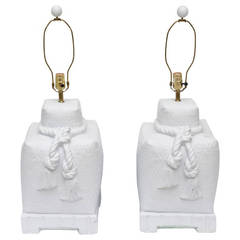Pair of White Ceramic, Woven, Roped and Tasseled Monumental Lamps 12