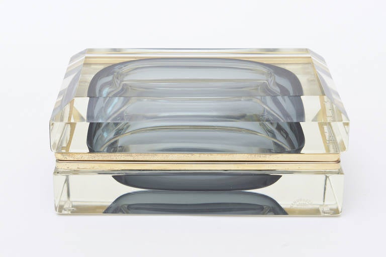 Signed Italian Murano Mandruzzato Sommerso Hinged Glass and Brass Box