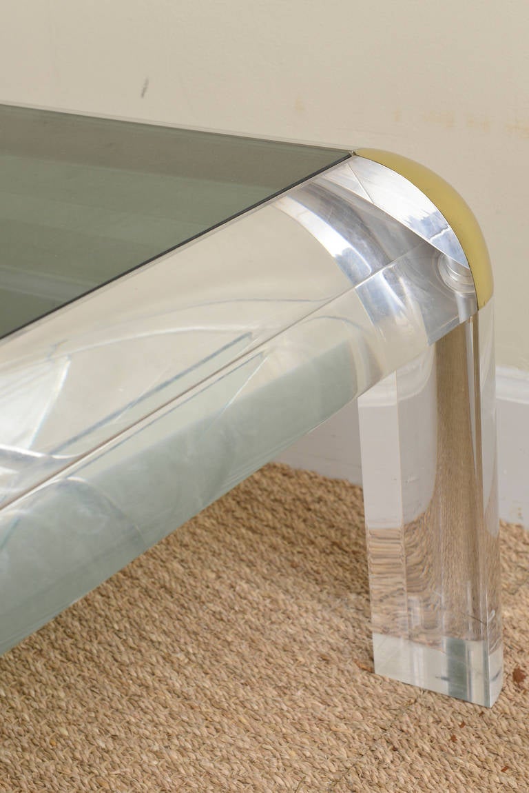 Karl Springer Style Heavy Lucite, Brass and Smoked Glass Square Cocktail Table