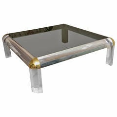Karl Springer Style Heavy Lucite, Brass and Smoked Glass Square Cocktail Table
