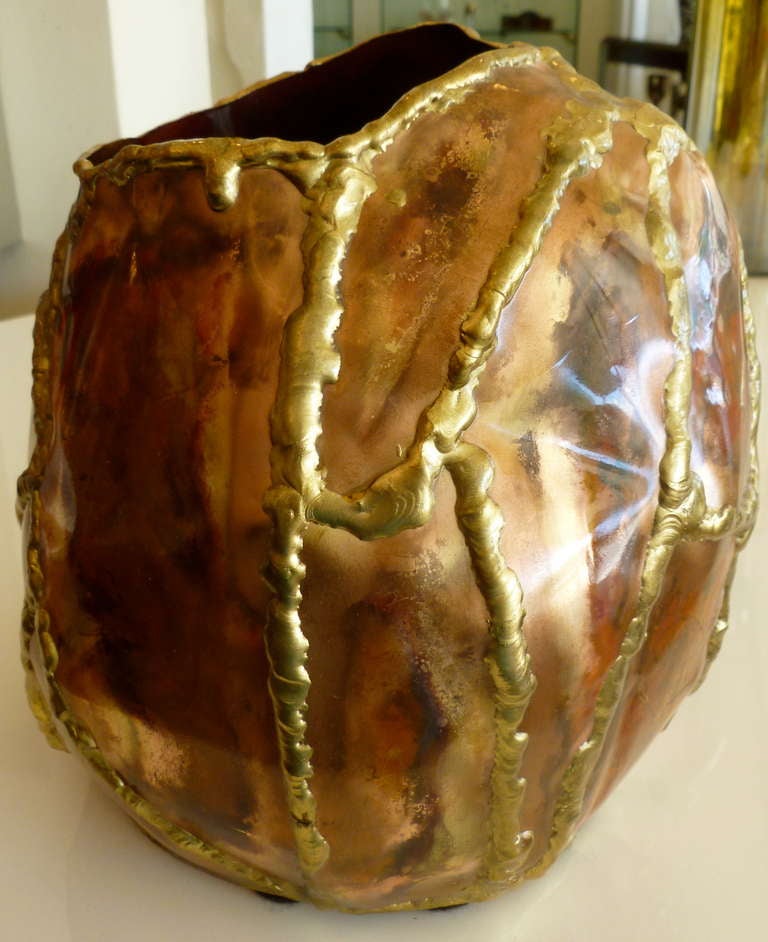 Mixed Metal Torched Signed Brutalist Bowl/Vase/Vessel/Sculpture