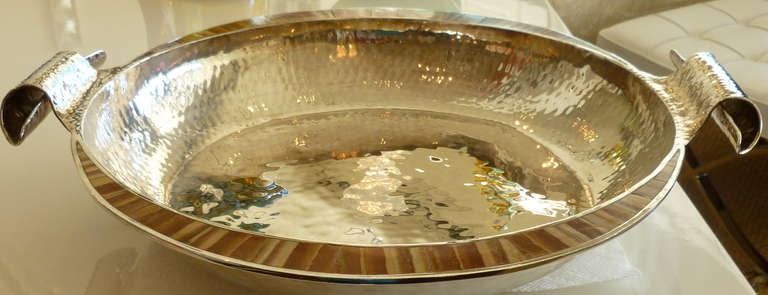 Signed Hand Hammered Mexican Silverplate and Isolite Large Bowl